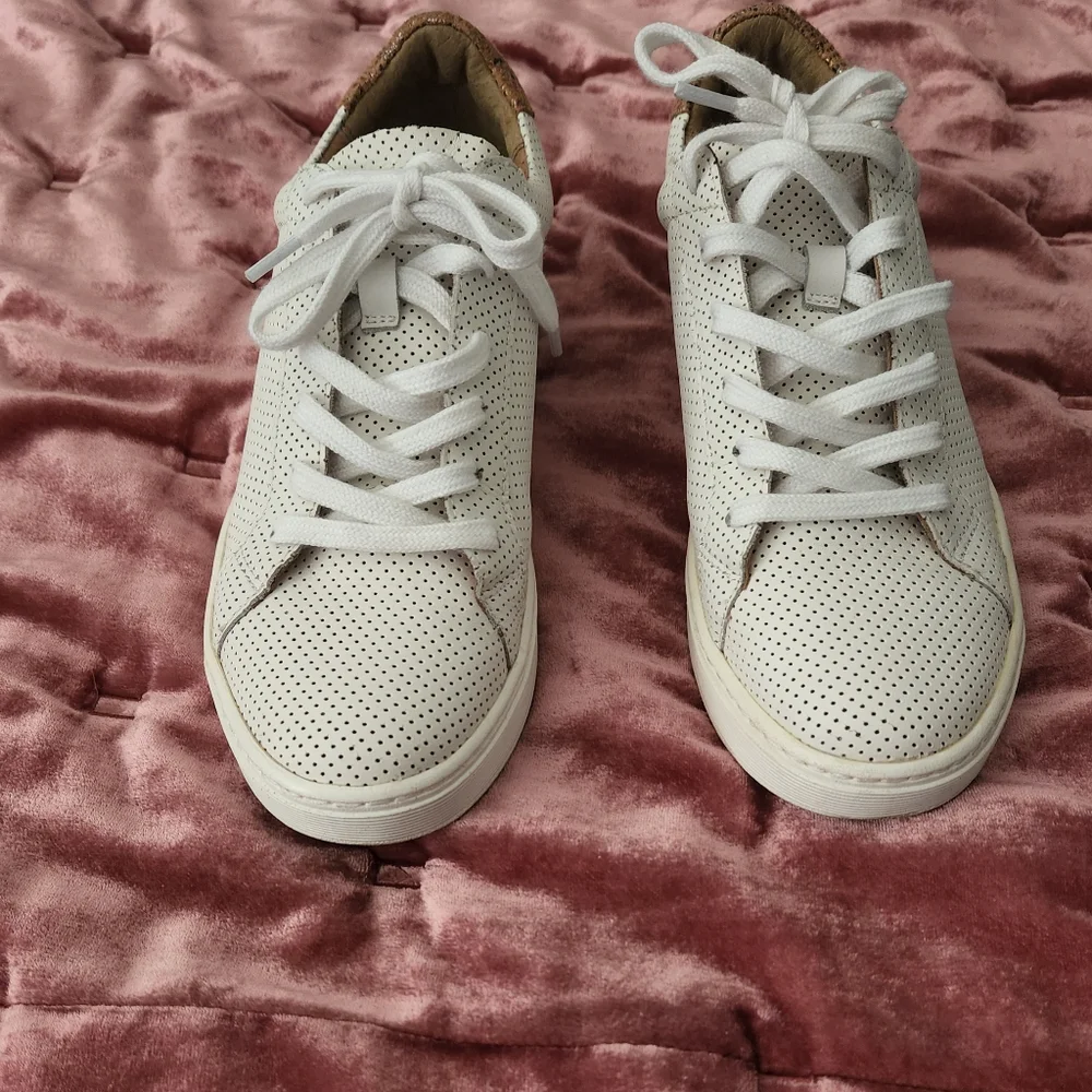 Sofft White Perforated Leather Sneakers with Tan Heel Accent
